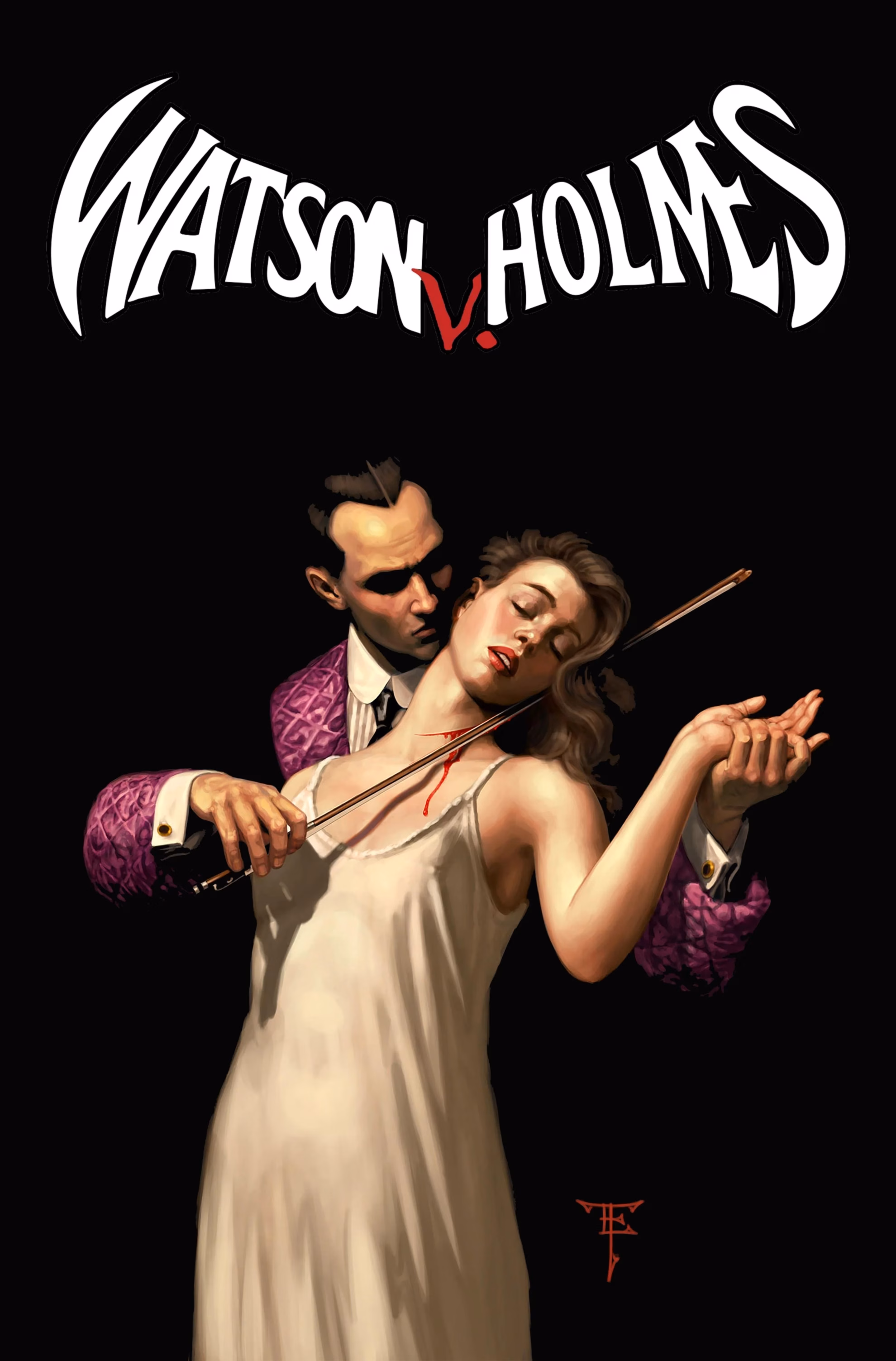 Comic book cover for ‘Watson v. Holmes’ #1. Holmes, in a purple dressing gown, draws a violin bow across the bleeding throat of a woman in a slip.