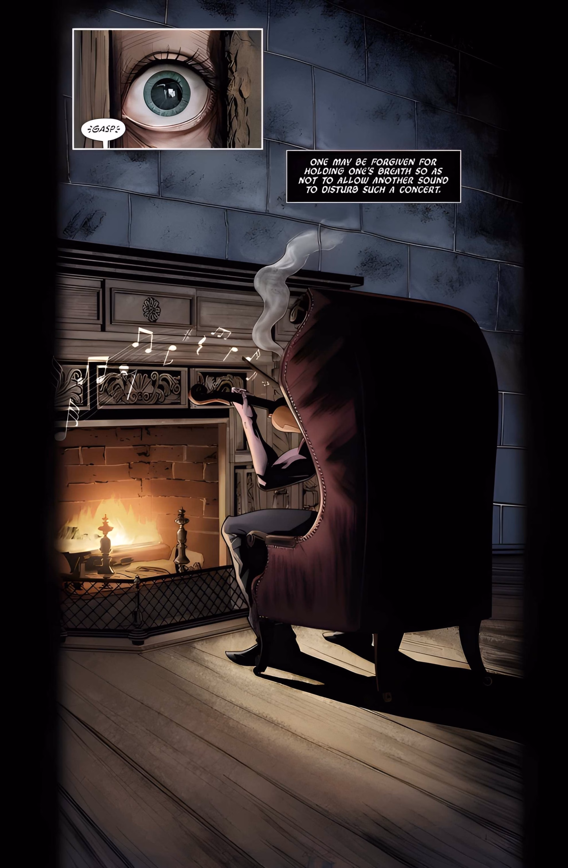 Interior comic page from ‘Watson v. Holmes’ #1. A wide eye gasps in an inset above a figure playing violin in a wingback chair by the fire.