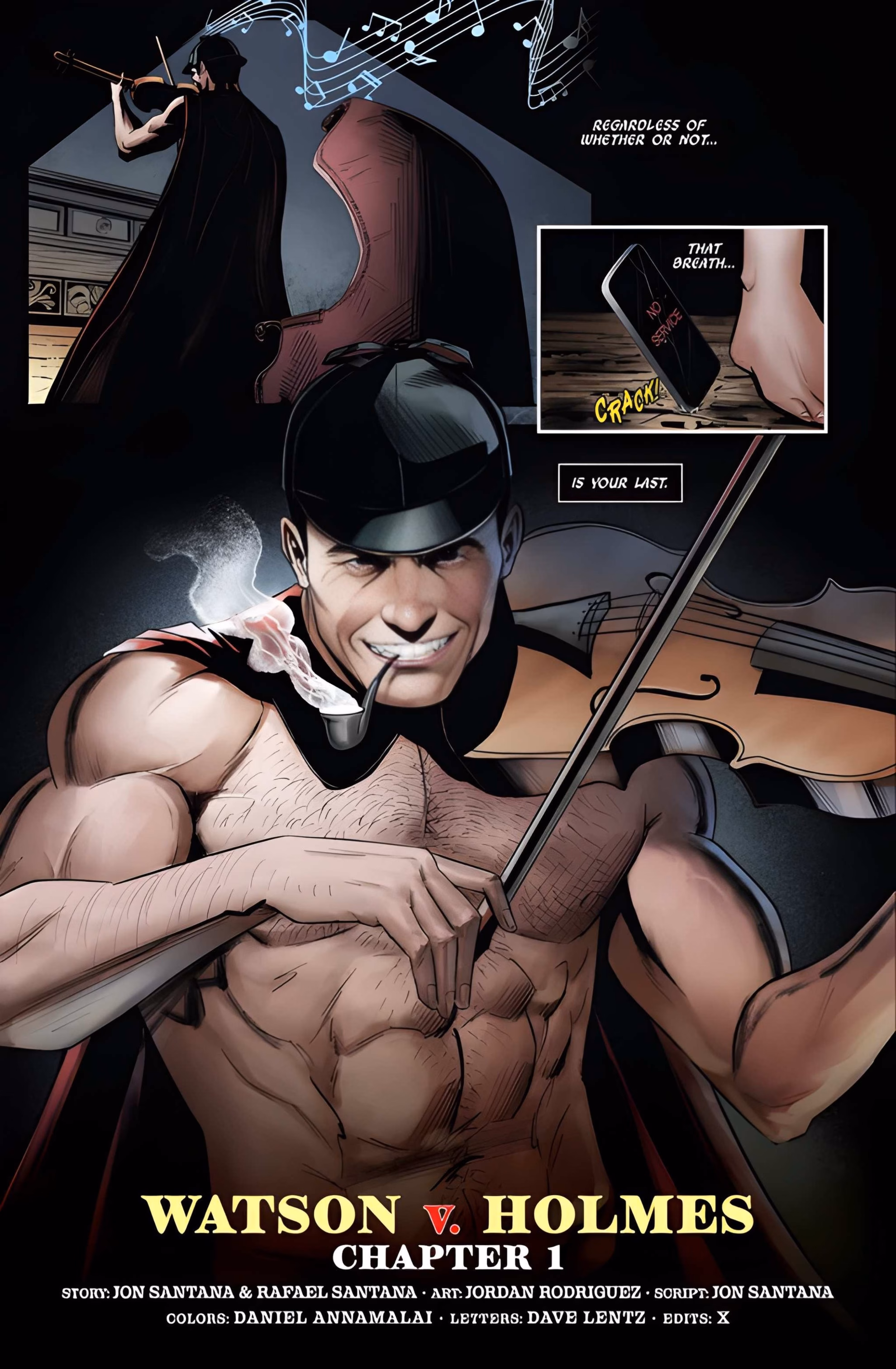 Interior comic page from ‘Watson v. Holmes’ #1. A cloaked violinist and a cracked phone yield to a grinning, shirtless Holmes with violin and pipe.