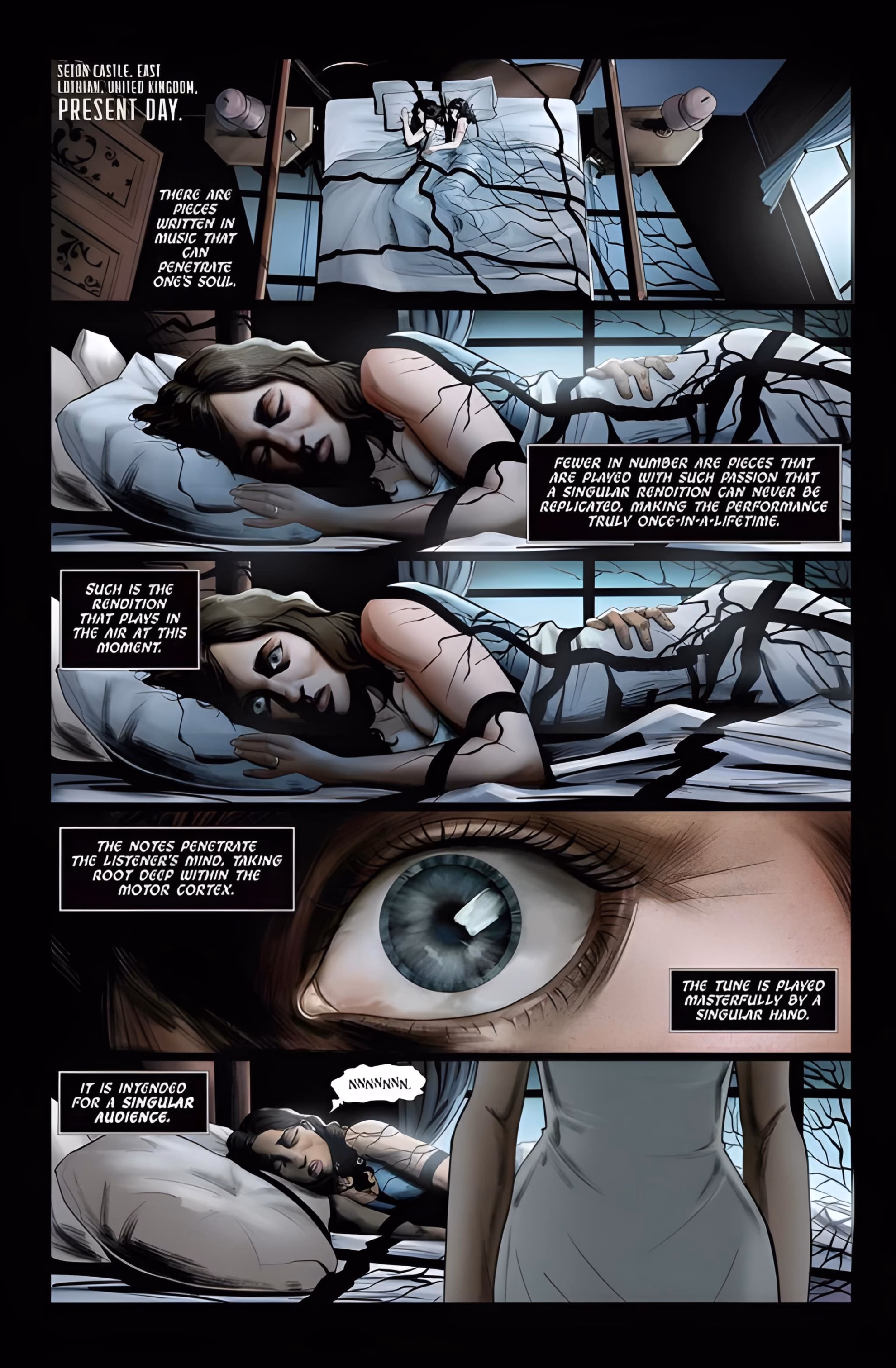 Interior comic page from ‘Watson v. Holmes’ #1. Five stacked panels show a woman in bed stirring, her eye snapping open, and her rising from bed.