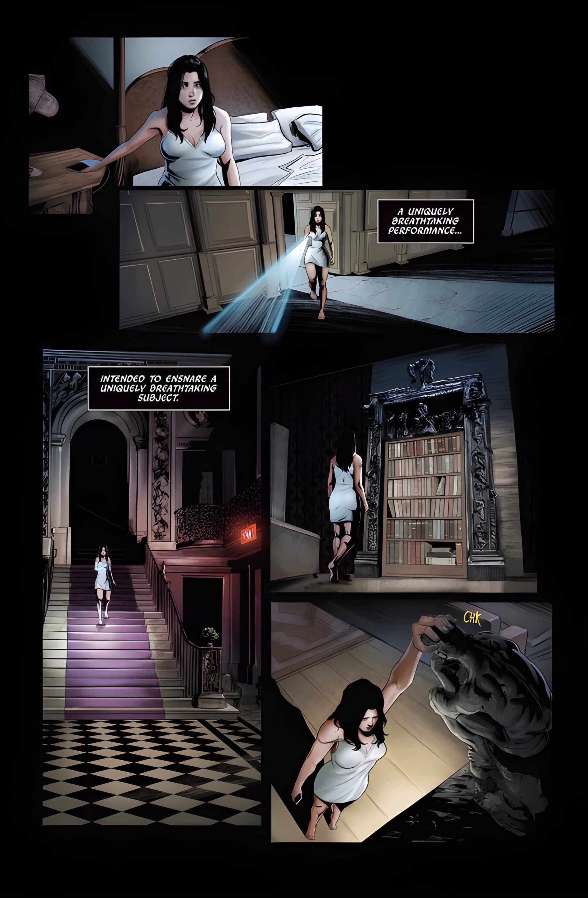 Interior comic page from ‘Watson v. Holmes’ #1. Five panels show a woman leaving her room by phone light and pulling a statue lever in a library.