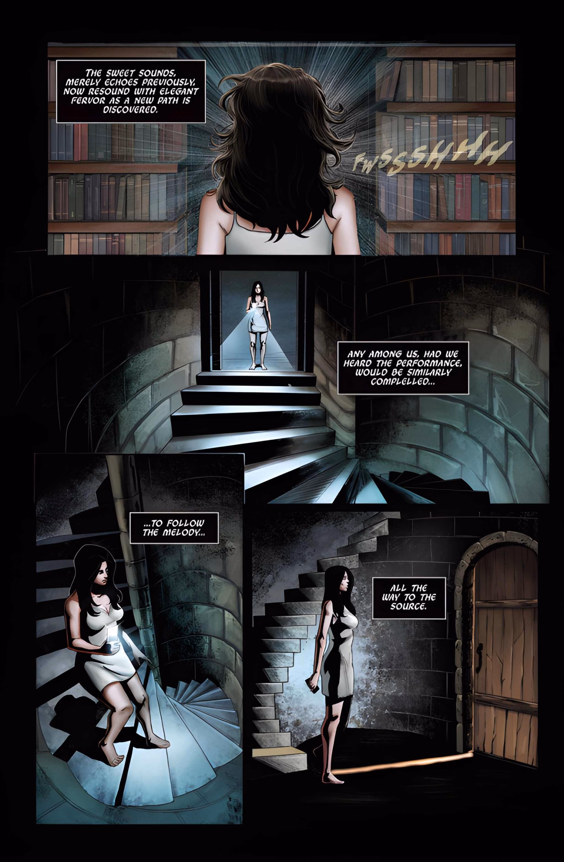Interior comic page from ‘Watson v. Holmes’ #1. Four panels show a bookcase opening and a woman descending a spiral stair to a lit wooden door.