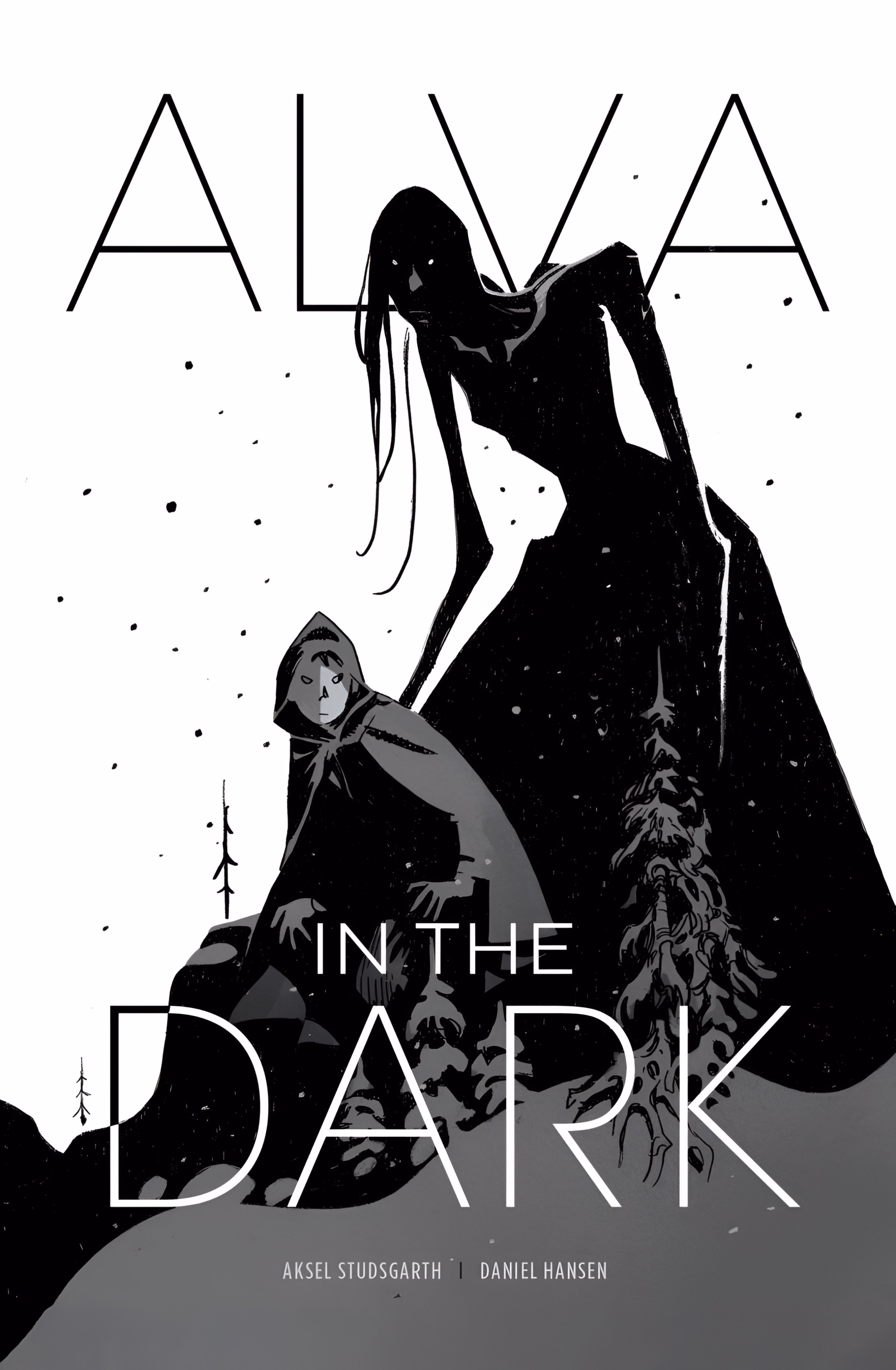 Studsgarth Casts the Order as Monster in ‘Alva in the Dark’ Graphic novel cover for ‘Alva in the Dark, Vol. 1.’ A towering black silhouette in a long gown looms over a hooded figure crouched in falling snow.