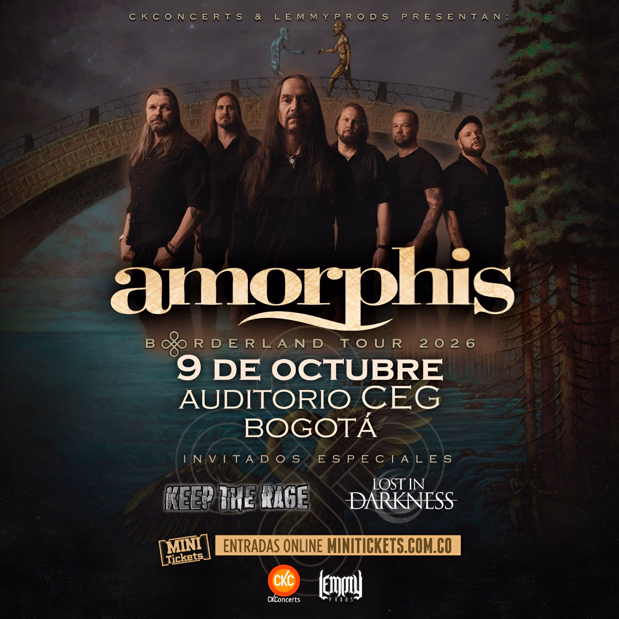 Amorphis Heeds Bogotá at Auditorio CEG This October Event poster for Amorphis, Borderland Tour 2026, October 9th at Auditorio CEG in Bogotá, six members before a painted stone bridge over water.