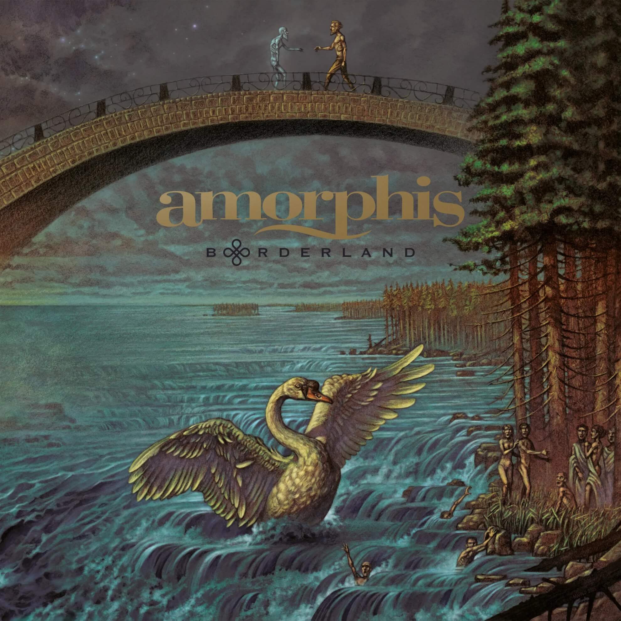 Amorphis Heeds Bogotá at Auditorio CEG This October Album cover of ‘Borderland’ by Amorphis, painted by Marald van Haasteren, a swan rising from rapids below a bridge where two figures meet.
