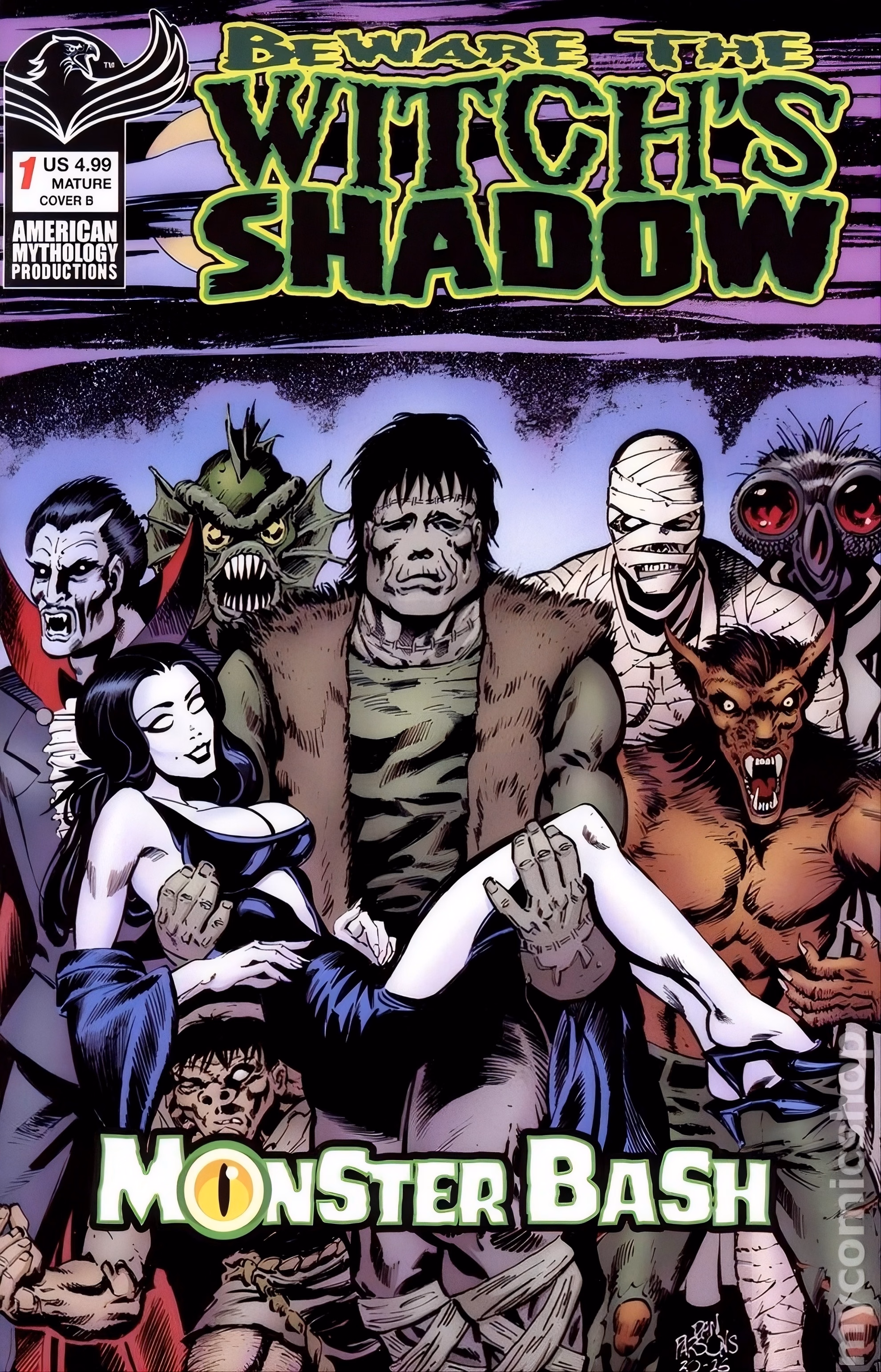Kuhoric Hands ‘Beware the Witch’s Shadow’ the Gavel Comic book cover for ‘Beware the Witch’s Shadow: Monster Bash’ #1. A stitched brute carries a limp woman as a vampire, mummy, and werewolf close in.