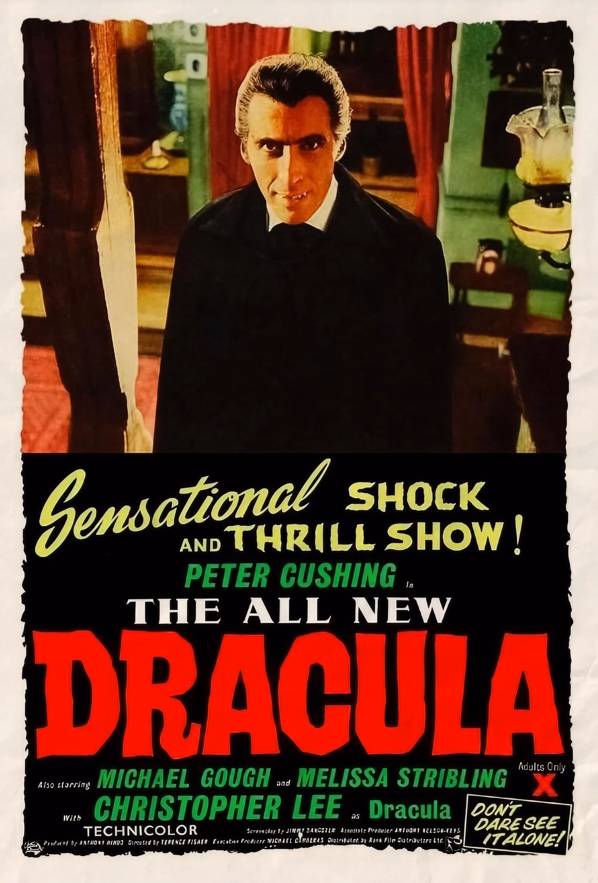 Grimmfest Weighs Hammer’s New Monster by Its Old Count Movie poster for ‘Dracula’ (1958) starring Christopher Lee as the Count, standing in a lamplit room.