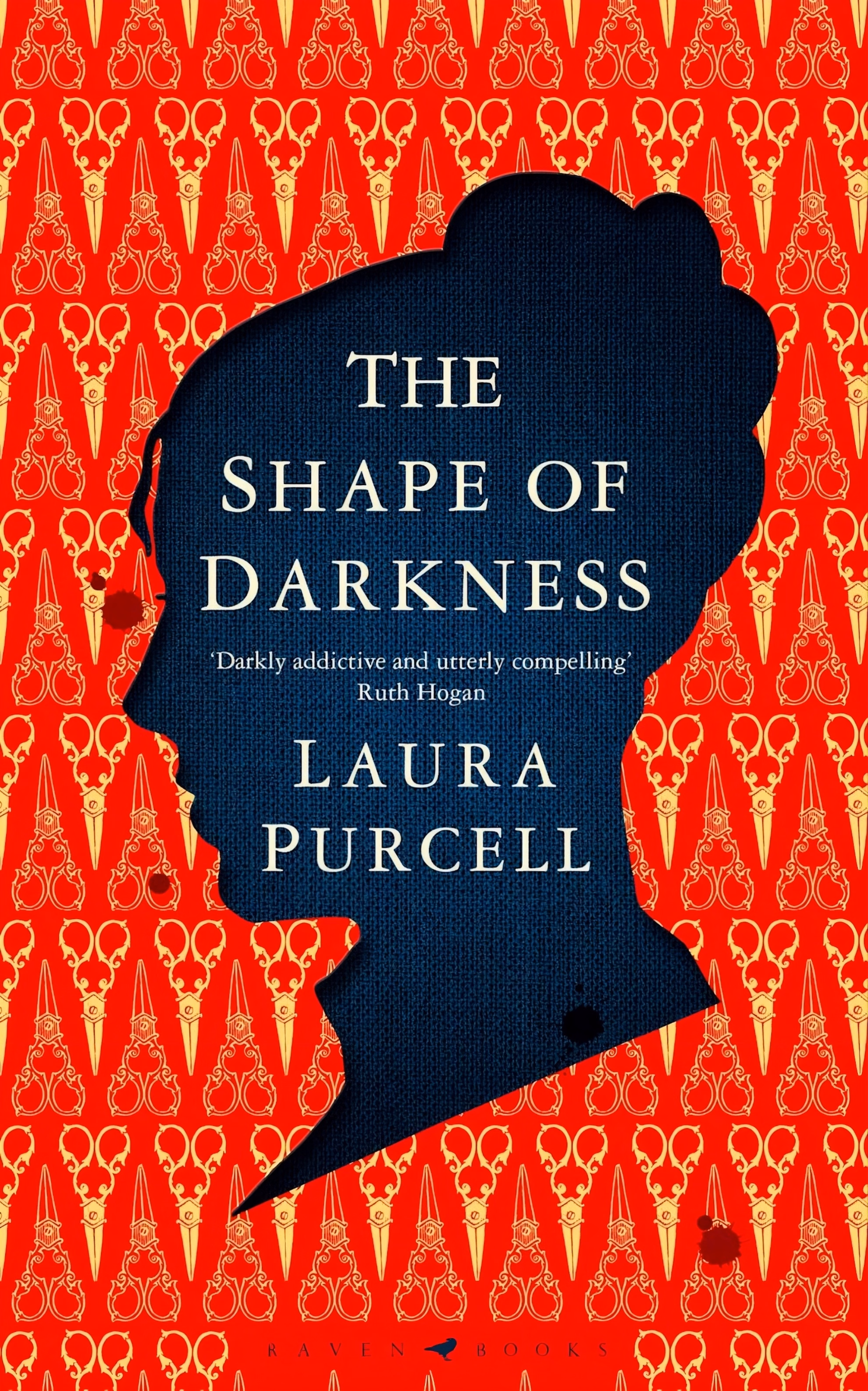 Book cover of ‘The Shape of Darkness’ by Laura Purcell. A navy woman’s silhouette, flecked with blood, sits against red wallpaper of golden scissors.
