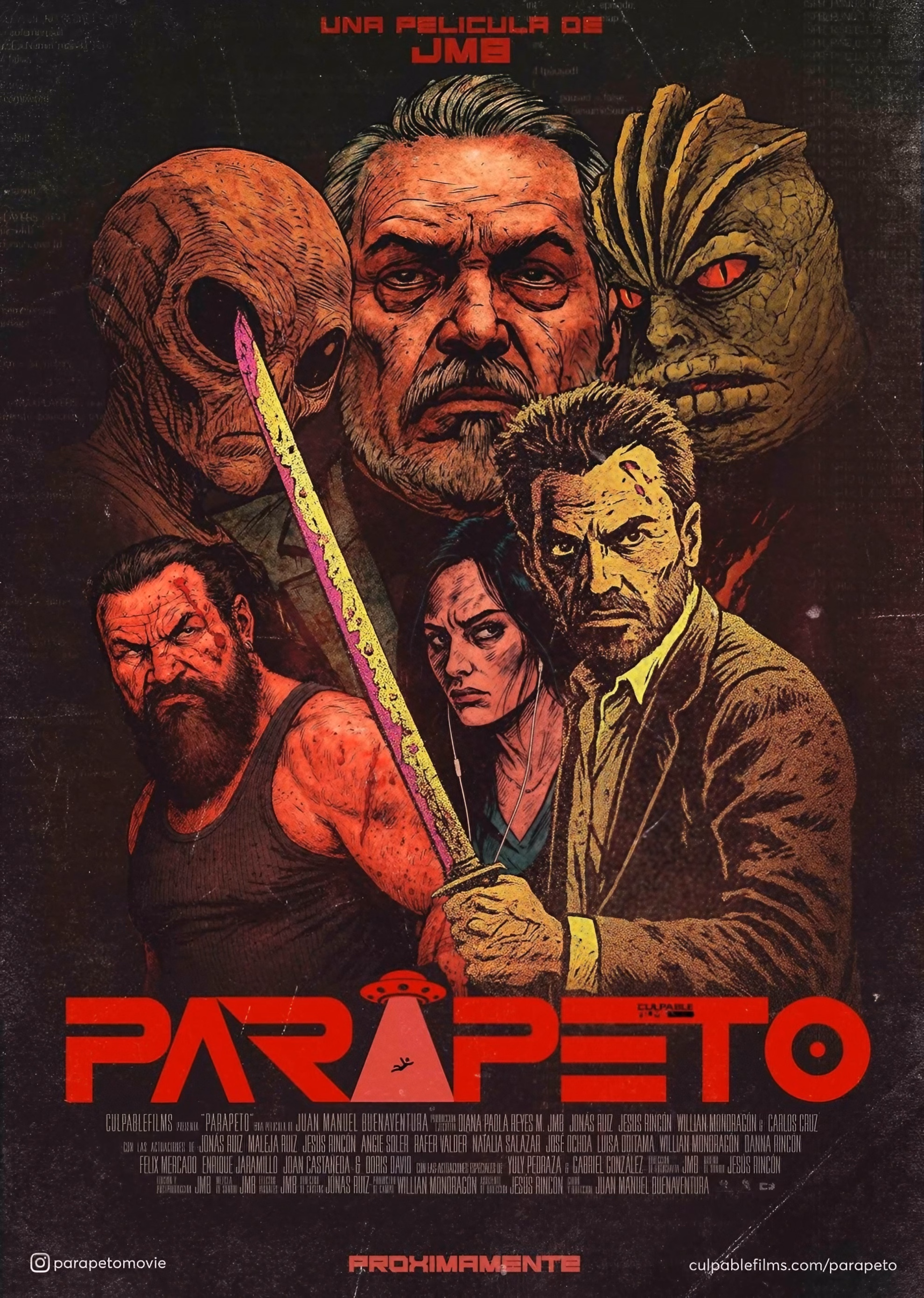 Movie poster for ‘Parapeto’ by Juan Manuel Buenaventura, an illustrated collage of an alien, a reptile creature, a bloodied sword, and a UFO.