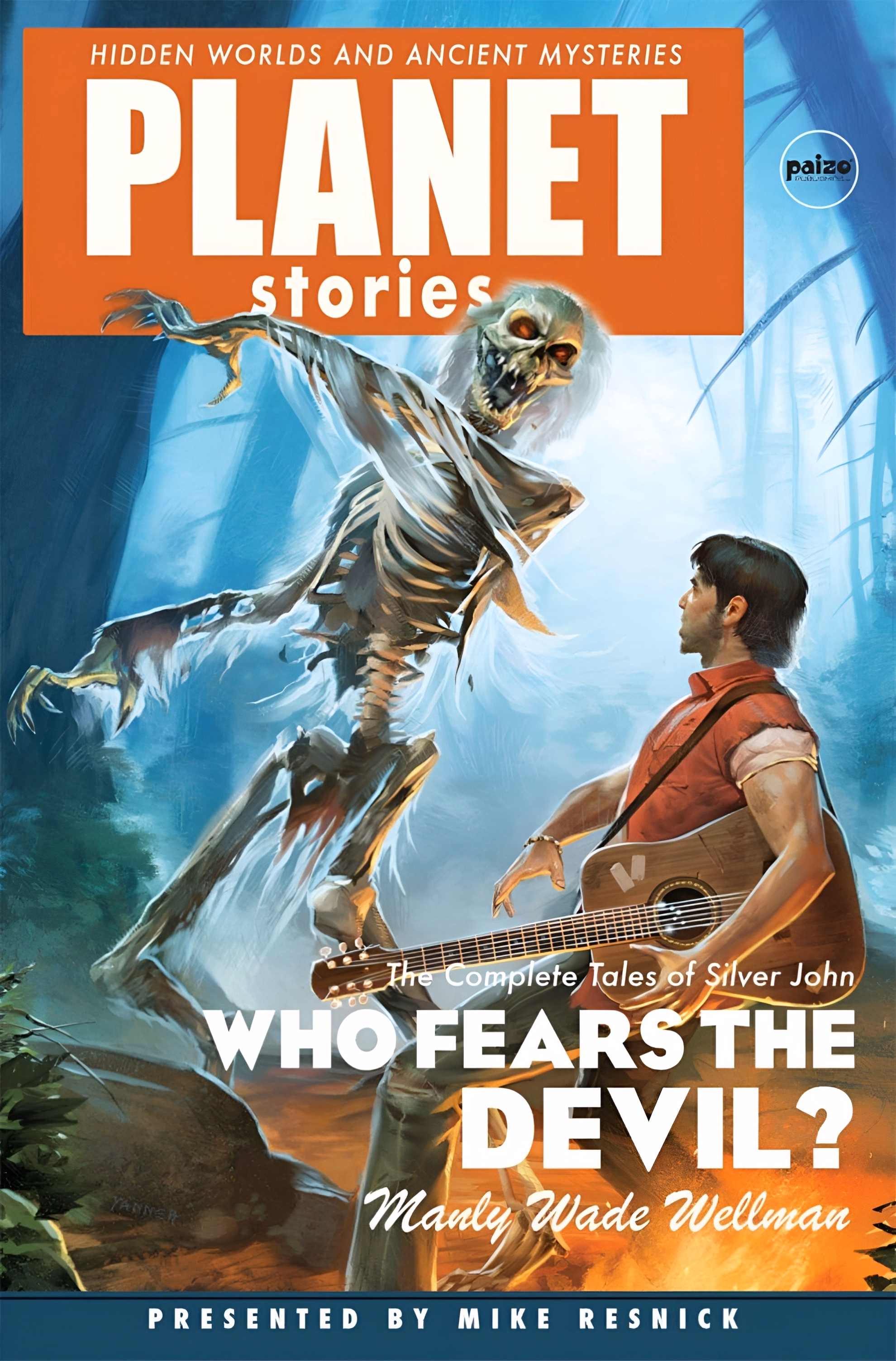 Book cover of ‘Who Fears the Devil?’ by Manly Wade Wellman. A guitar-carrying man in a red shirt faces a clawed skeleton in a blue forest.