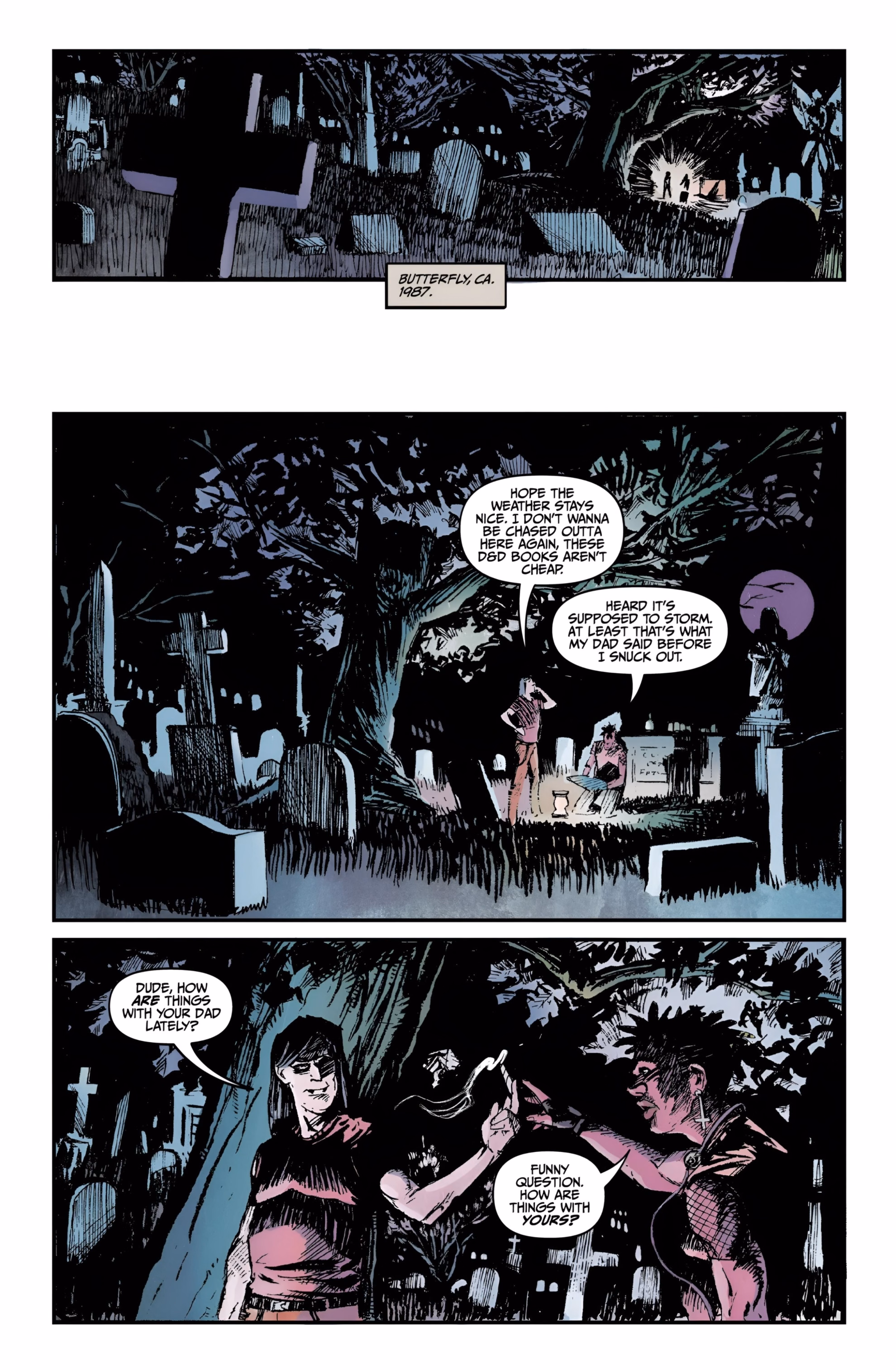 Matt Miner Puts a Whole Town on Trial in ‘Satanic Panic’ Interior comic page from ‘Satanic Panic’ #1. Three tiers move from a wide cemetery shot to teenagers talking beside a candlelit tomb.