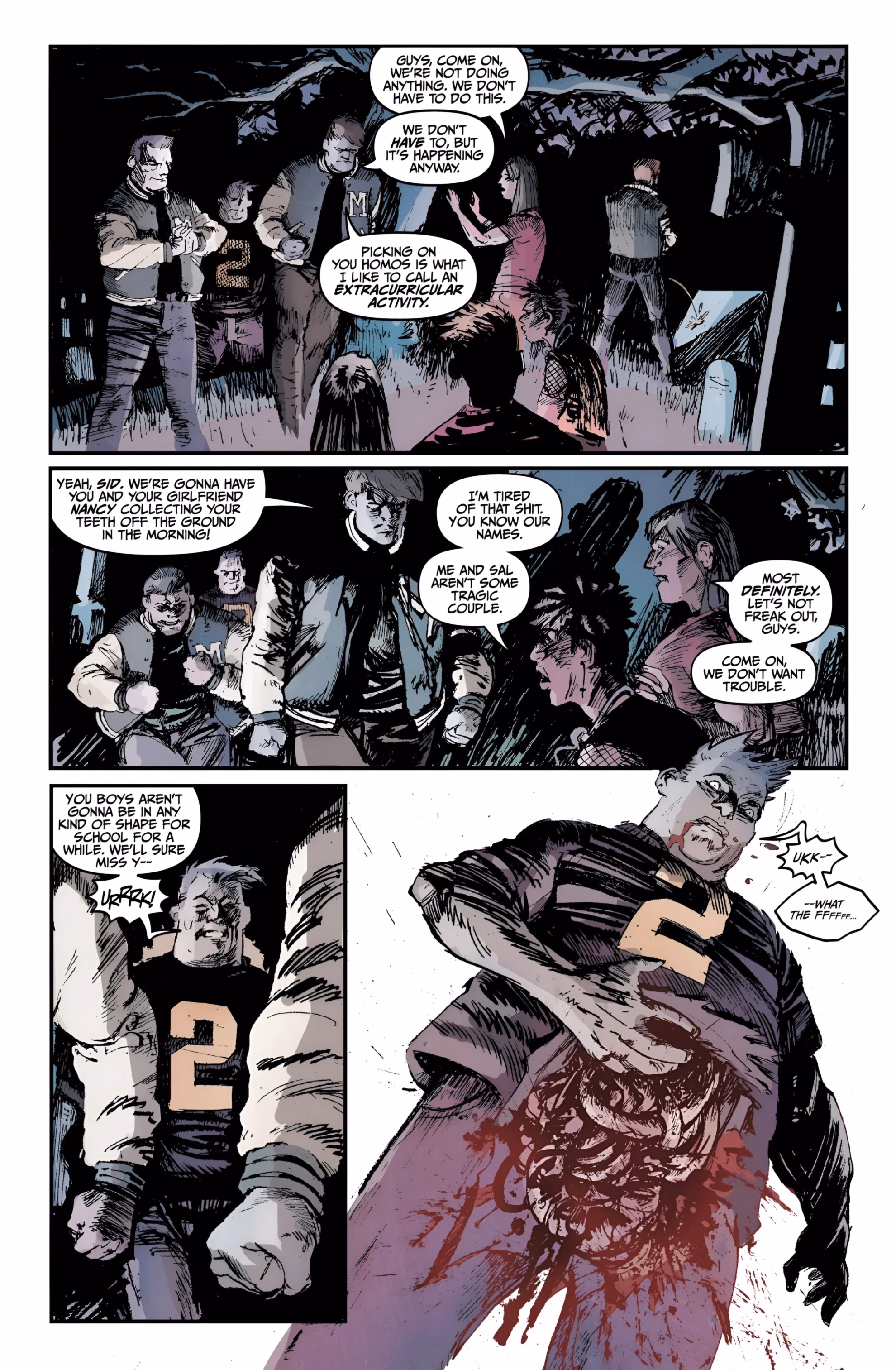 Matt Miner Puts a Whole Town on Trial in ‘Satanic Panic’ Interior comic page from ‘Satanic Panic’ #1. Four panels show bullies threatening the group before one is suddenly and fatally wounded.
