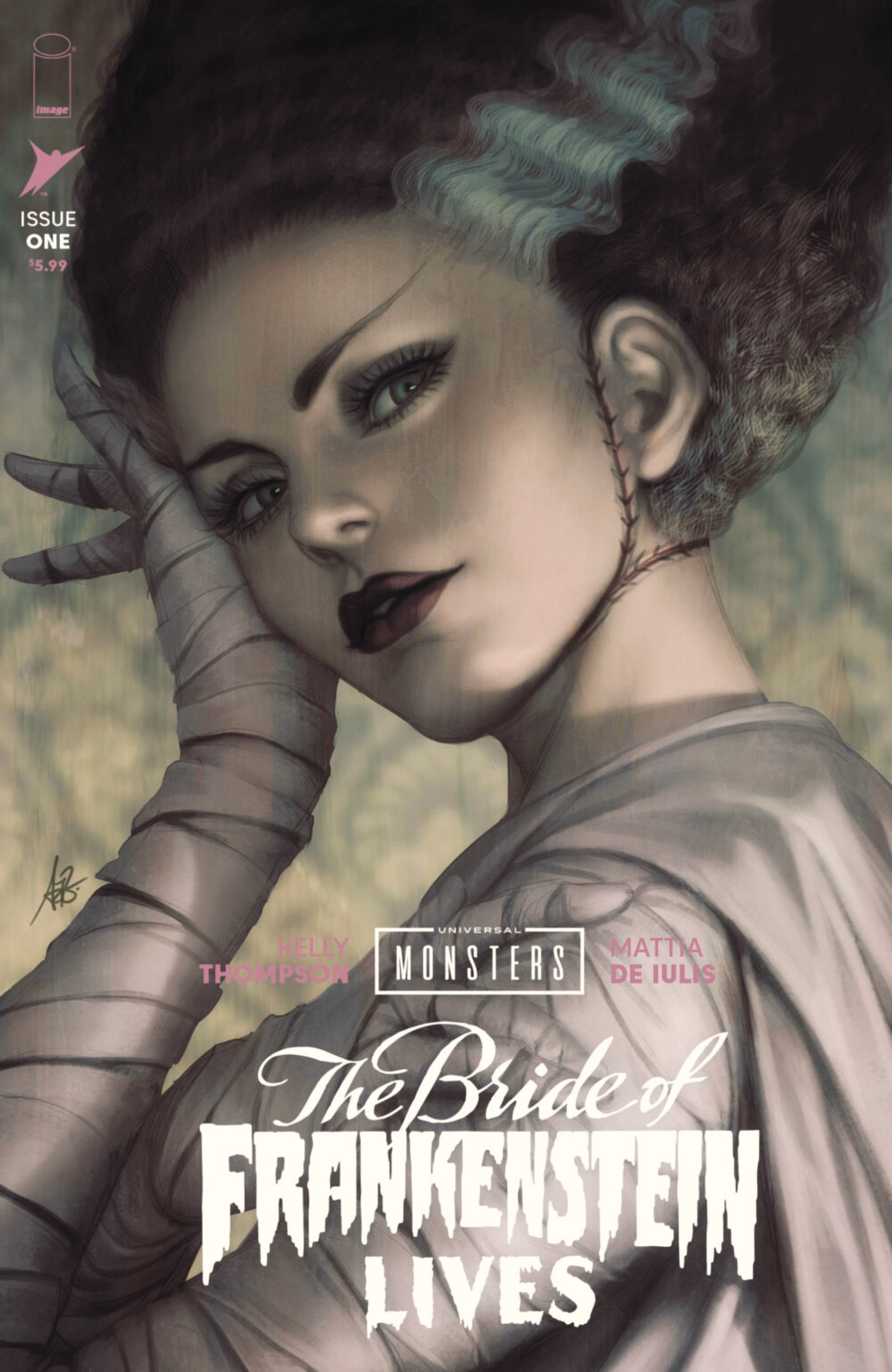Kelly Thompson Hears a Hiss in ‘The Bride of Frankenstein Lives’ Comic book cover for ‘The Bride of Frankenstein Lives’ #1. The Bride rests a bandaged hand on her cheek and glances sideways with dark lips.