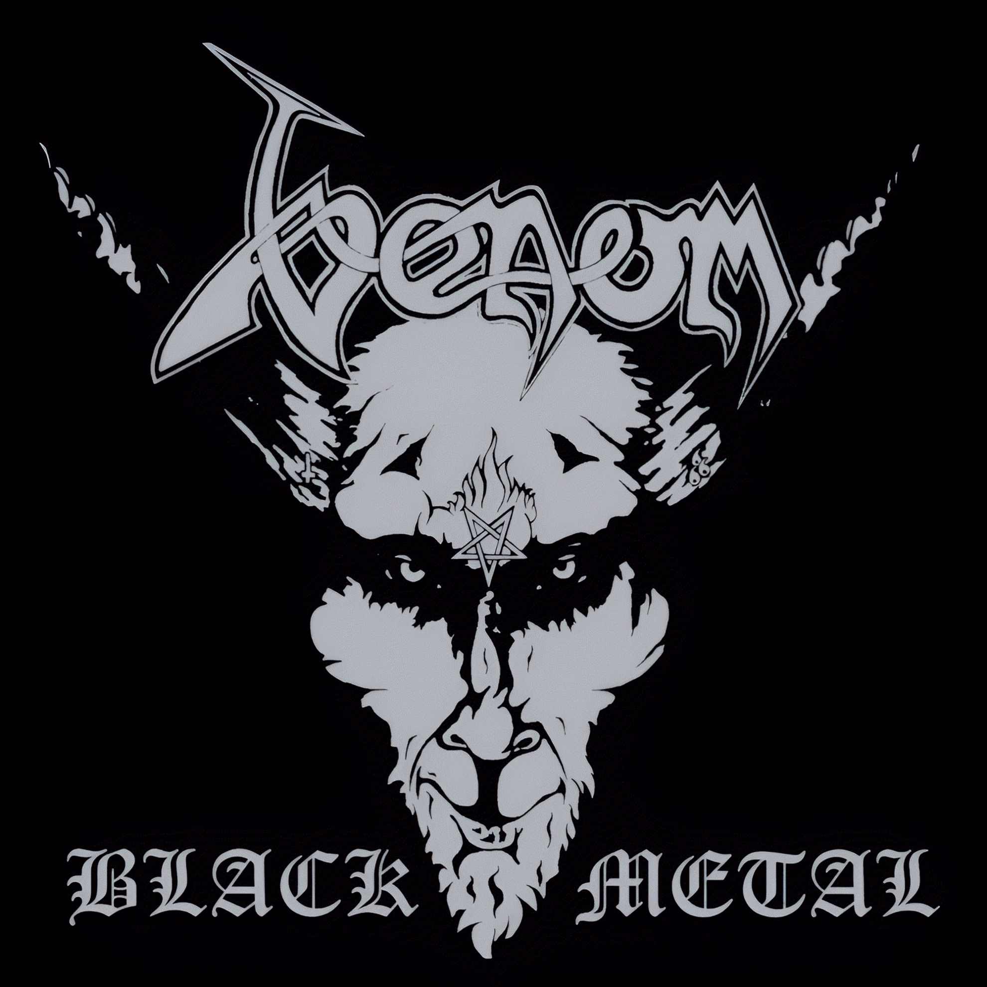 Conrad “Cronos” Lant Sang as the Devil, Not About Him Album cover of ‘Black Metal’ by Venom. A silver horned demon face with a pentagram on its brow stares out from black, the title split by its chin.