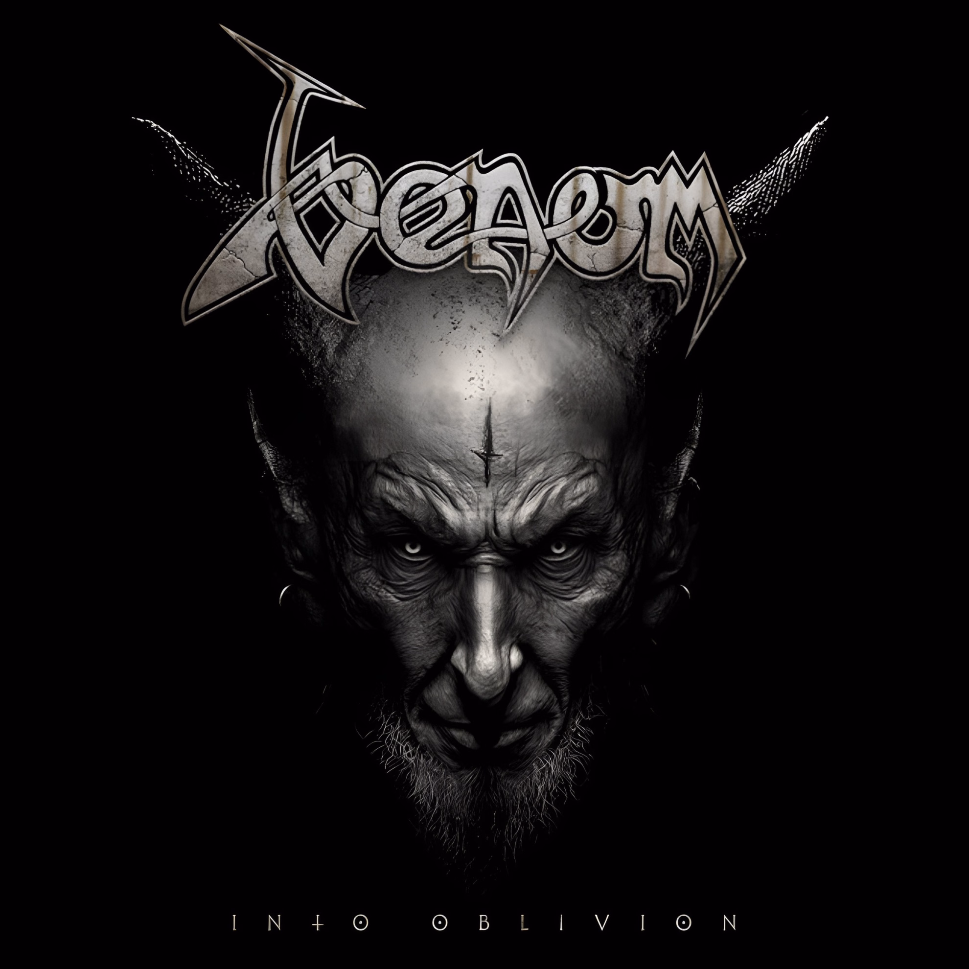 Conrad “Cronos” Lant Sang as the Devil, Not About Him Album cover of ‘Into Oblivion’ by Venom. A gaunt, horned, bearded face with a cross-shaped mark on its brow glares from darkness below the logo.