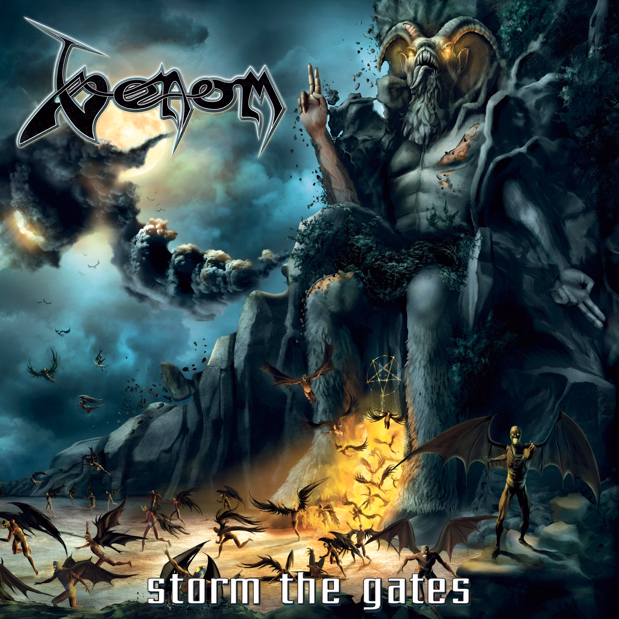 Conrad “Cronos” Lant Sang as the Devil, Not About Him Album cover of ‘Storm the Gates’ by Venom. A horned demon carved in a cliff wakes as winged demons pour from a fiery gate beneath a stormy sky.