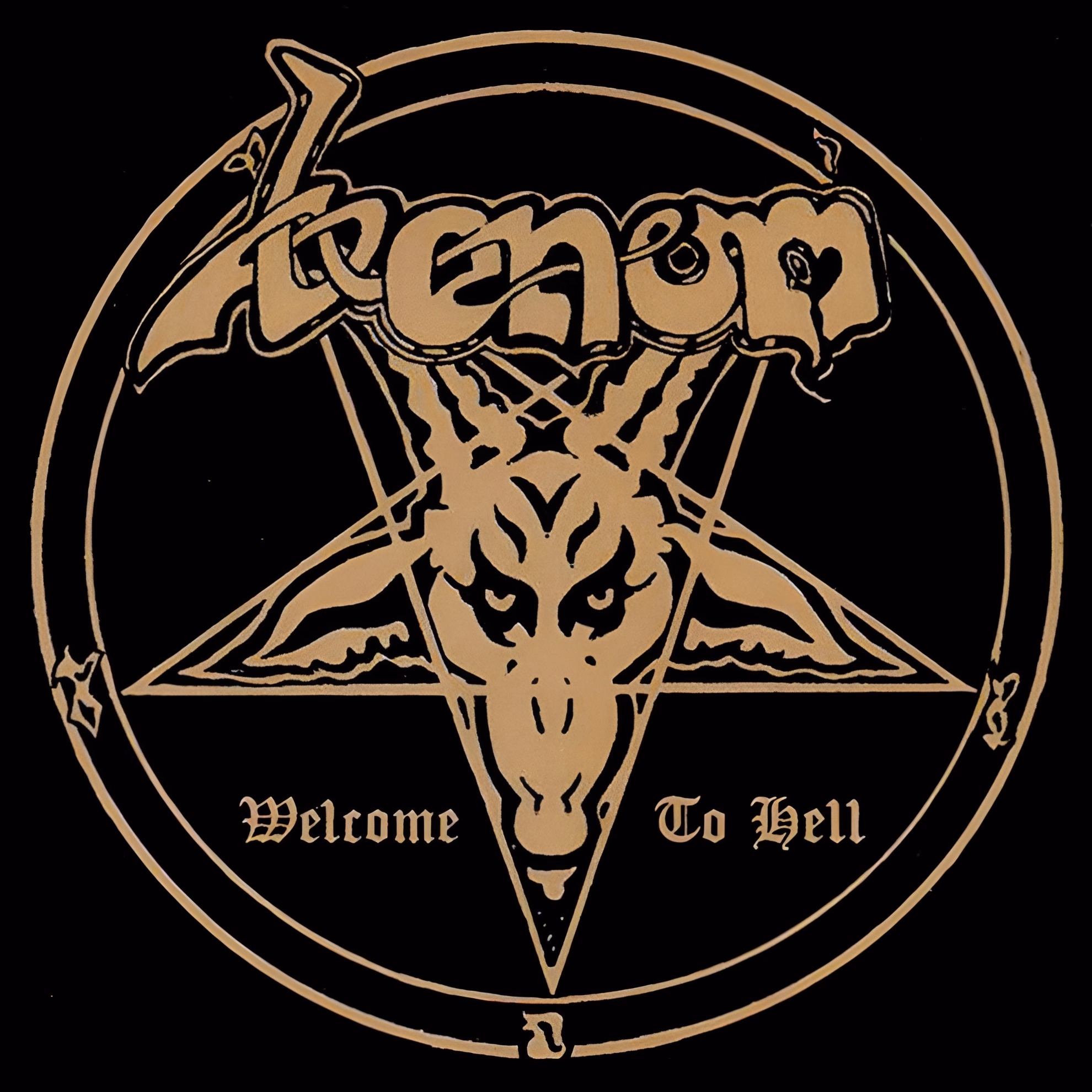 Conrad “Cronos” Lant Sang as the Devil, Not About Him Album cover of ‘Welcome to Hell’ by Venom. A gold goat head fills an inverted pentagram inside a double circle, with the band logo across the top.